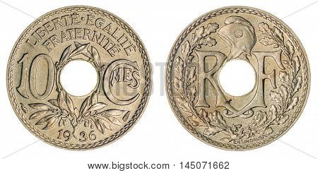 10 Centimes 1936 Coin Isolated On White Background, France