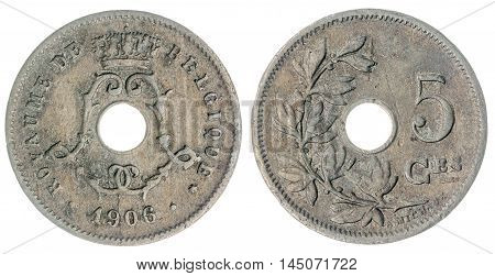 5 Centimes 1906 Coin Isolated On White Background, Belgium