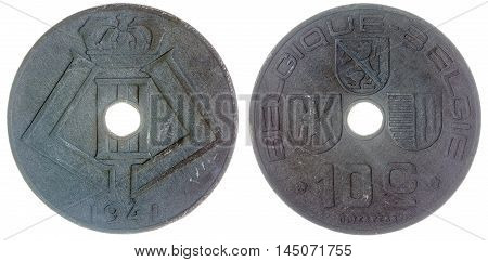 10 Centimes 1941 Coin Isolated On White Background, Belgium