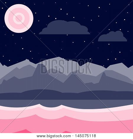 Blue and pink night landscape. Flat, simple and nice illustration