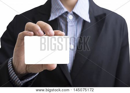 business man hand holding blank business card showing for identity concept