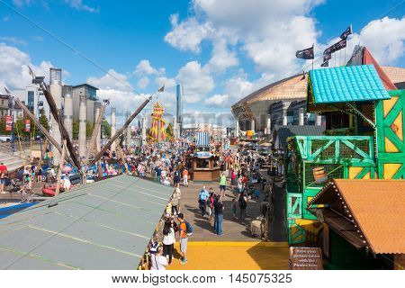 Cardiff United Kingdom - August 29 2016: Tourists and Locals enjoying the Bank Holiday at the bank holiday at the annual Cardiff Harbour Festival & P1 Welsh Grand Prix of the Sea in Cardiff Bay.