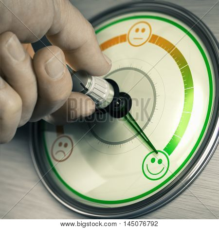 Close-up of a hand turning the knob of a customer feedback device to the highest position. Concept of good mood or happy consumer. Composite image between a photography and a 3D background.