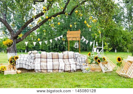 Wedding decorations on the tree peer yellow green
