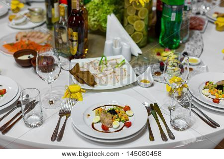 Beautiful flowers on table in wedding day services