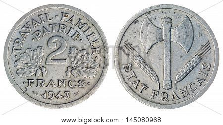 2 Francs 1943 Coin Isolated On White Background, France