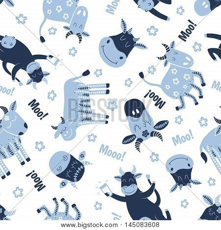 vector seamless pattern with cute images of cows on white background