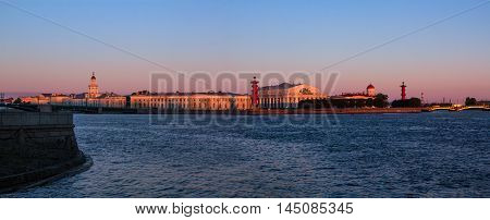 Spit of Vasilyevsky Island in St. Petersburg at sunrise, Russia