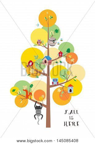 Fall is here. Autumn tree with colorful leaves, birds, animals and nesting boxes, insects flat vector illustration