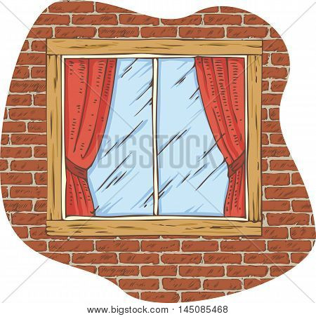 Wooden Window with Red Curtain on a Brick Wall. Hand Drawn Illustration