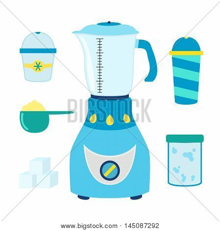 Cartoon set for coctails, smoothie with blender, mixer. Ingridients foroxygen, protein and other coctails. Vector illustration.