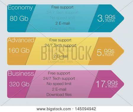 Triple banner for hosting interface for the site.Three tariffs banners. Web pricing table. Vector design for web app. Arrow style.