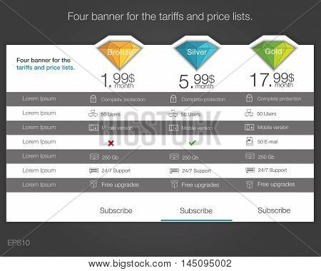 Four banner for the tariffs and price lists. Web elements. Plan hosting. Vector design for web app. Diamond style. Pricing table banner button list and bullet.