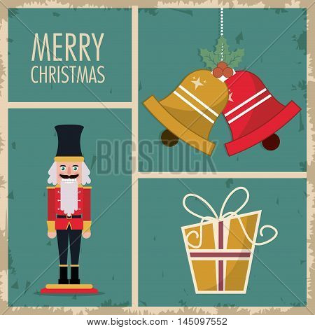 nutcracker gift bell cartoon. vintage merry christmas decoration celebration icon. Colorful and grunge design. Vector illustration