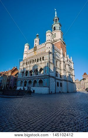 Facade and tower of the Renaissance town hall in Poznan