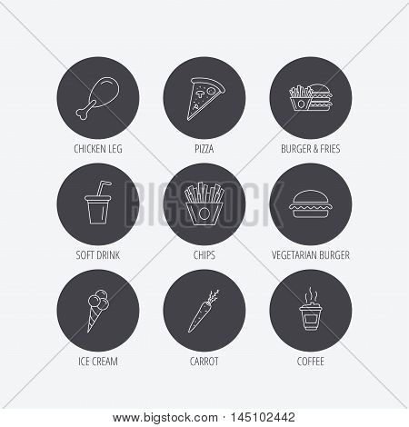 Vegetarian burger, pizza and soft drink icons. Coffee, ice cream and chips fries linear signs. Chicken leg, carrot icons. Linear icons in circle buttons. Flat web symbols. Vector