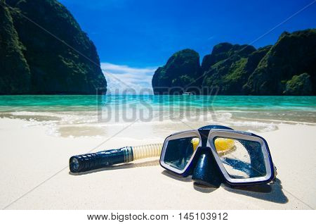 Swimming Mask On White Sand On Beach, Closeup