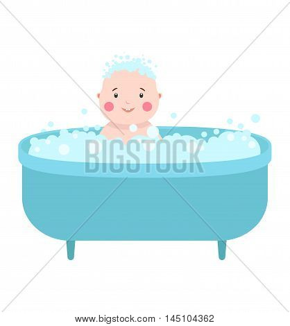 Happy laughing baby taking bath playing with foam bubbles. Little child in bathtub. Smiling kid in bathroom with foam. Infant washing baby in bath and bathing. Hygiene care for young children.
