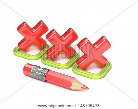 Three red incorrect check mark in green square. 3D render illustration isolated on white background