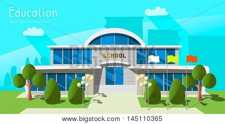 Building on the background of the city. Flat style vector illustration.Cartoon school building