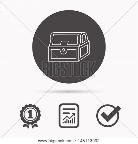 Treasure chest icon. Piratic treasury sign. Wealth symbol. Report document, winner award and tick. Round circle button with icon. Vector