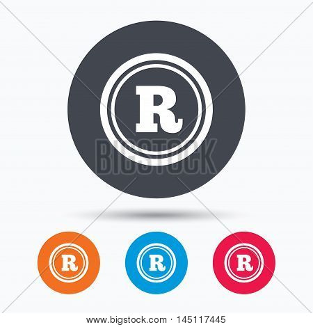 Registered trademark icon. Intellectual work protection symbol. Colored circle buttons with flat web icon. Vector