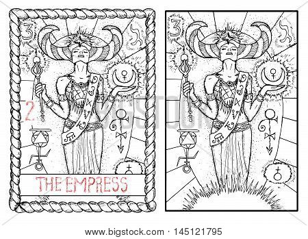 The empress. The major arcana tarot card, vintage hand drawn engraved illustration with mystic symbols. Beautiful woman or queen holding decorated wand and moon