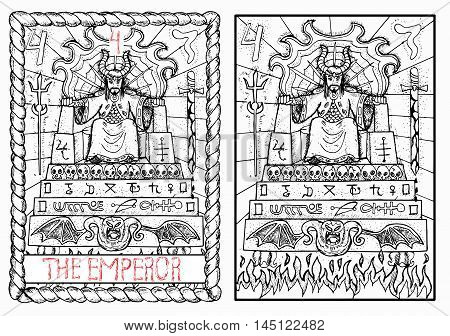 The emperor. The major arcana tarot card, vintage hand drawn engraved illustration with mystic symbols. Man in crown or king sitting on scary throne decorated with sculls and demons