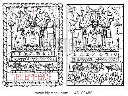 The emperor. The major arcana tarot card, vintage hand drawn engraved illustration with mystic symbols. Man in crown or king sitting on scary throne decorated with sculls and demons