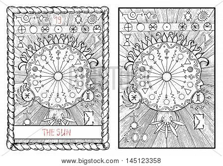 The sun. The major arcana tarot card, vintage hand drawn engraved illustration with mystic symbols.