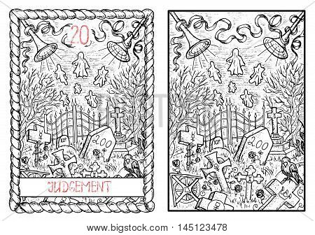 Judgment. The major arcana tarot card, vintage hand drawn engraved illustration with mystic symbols.Scary halloween landscape with old cemetery, graves and ghosts.