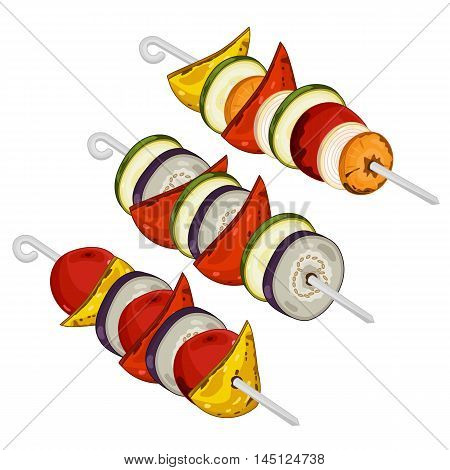 Grilled vegetables kebab on isolated on white background vector illustration. Roasted veggie food. Assorted vegetables barbecue. Grilled vegetable icon. BBQ vegetable. Barbecue food concet.