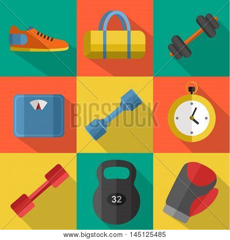 Vector illustration of gym sports equipment icons set. Boxing gloves, weight, bag, sports shoes, dumbbell, stopwatch and weigher on color background. Flat signs with long shadow