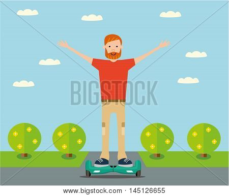 Lucky guy rides on a gyro scooter. Flat design. Vector illustration.