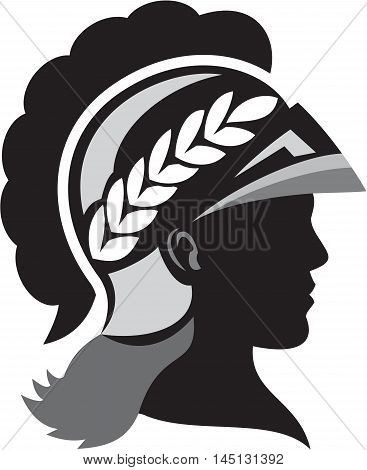 Illustration of a silhouette of Minerva or Menrva the Roman goddess of wisdom and sponsor of arts trade and strategy wearing helmet and laurel crown viewed from side set on isolated white background done in retro style.