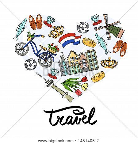 Stylized heart with hand drawn colored symbols of Netherlands. Illustration on the theme of travel and tourism. Vector for use in design