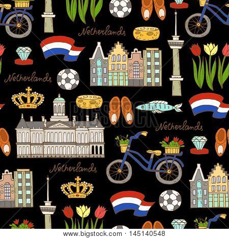 Vector seamless pattern with hand drawn colored symbols of Netherlands on black color. Pattern on the theme of travel and tourism. Background for use in design, packing, web site, fabric