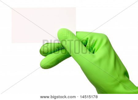 De la mano de verde guante mostrando tarjetas