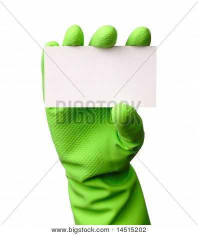 De la mano de verde guante mostrando tarjetas