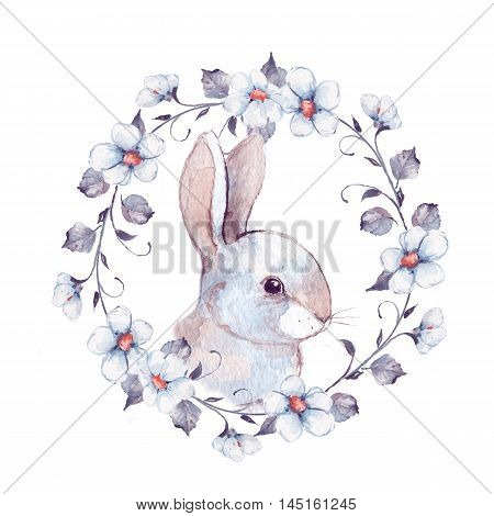 White rabbit and floral wreath. Watercolor painting