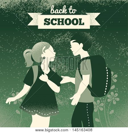 Vintage students background. School boy and girl. Back to school illustration