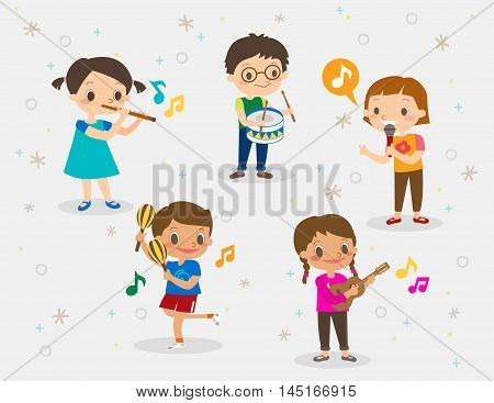 vector cartoon illustration of kids playing different musical instruments