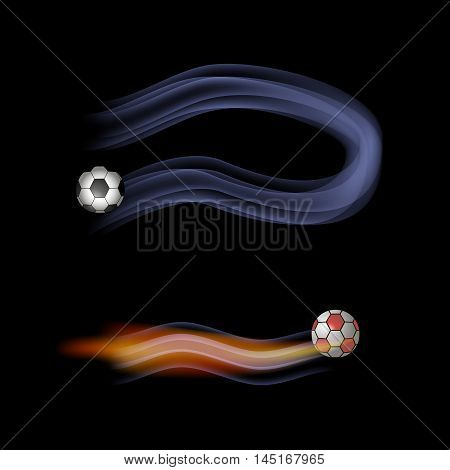Vector illustration of logo for the theme of a flying soccer ball.Isolated drawing consists of sports,equipment,round,route movement,striking on a black background.The icon for the mascot,match,football