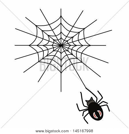 Vector illustration of logo, spider weaves a web, waiting for prey. Isolated drawing wildlife, silk trap, predator with red stripes on the back, white background. The icon for the terrible Halloween.