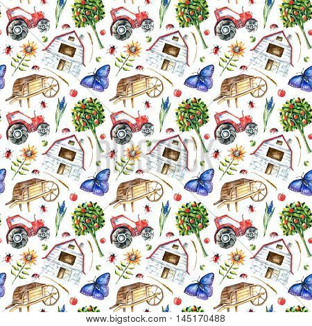 Watercolor organic farm seamless pattern. Hand drawn objects tractor, sunflower, truck, fence, basket, butterfly, ladybug and spica with place for text. Vector