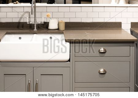 Grey Gray Luxury Bespoke Kitchen Sink with Porcelain Sink