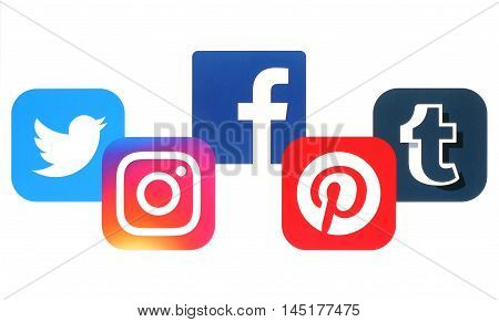 Kiev Ukraine - July 25 2016: Concept of popular social media icons printed on paper: Facebook Pinterest Tumblr Instagram Twitter