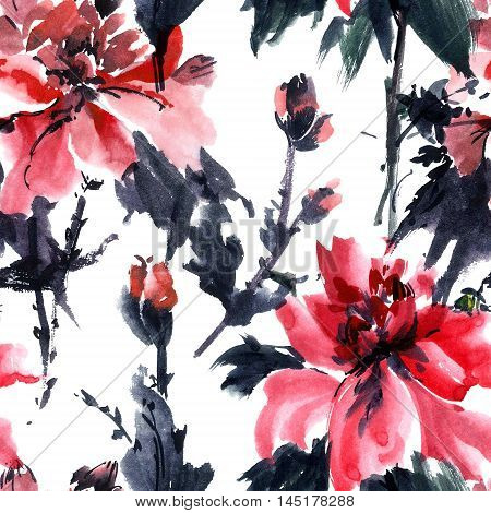 Watercolor and ink illustration of blossom flower. Gohua sumi-e u-sin painting. Seamless pattern.