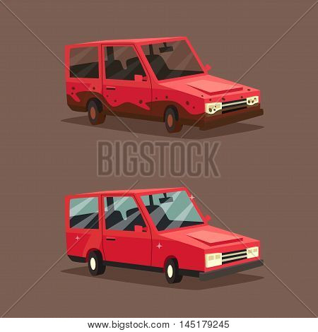 Dirty and clean car. American automobile. Cartoon vector illustration. Car wash. Dirt and shining clean car isolated. Design element.