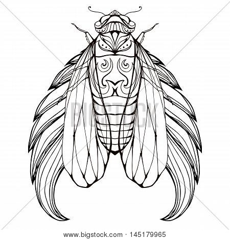 Doodle illustration of cicadas with wings and boho pattern. Vector element for tattoo sketch, printing on T-shirts, coloring books for adults and your design